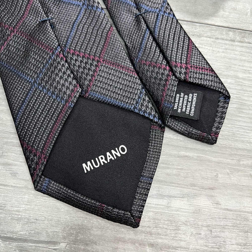Murano Grey w/ Blue & Cranberry Plaid Silk Tie - Picture 3 of 4